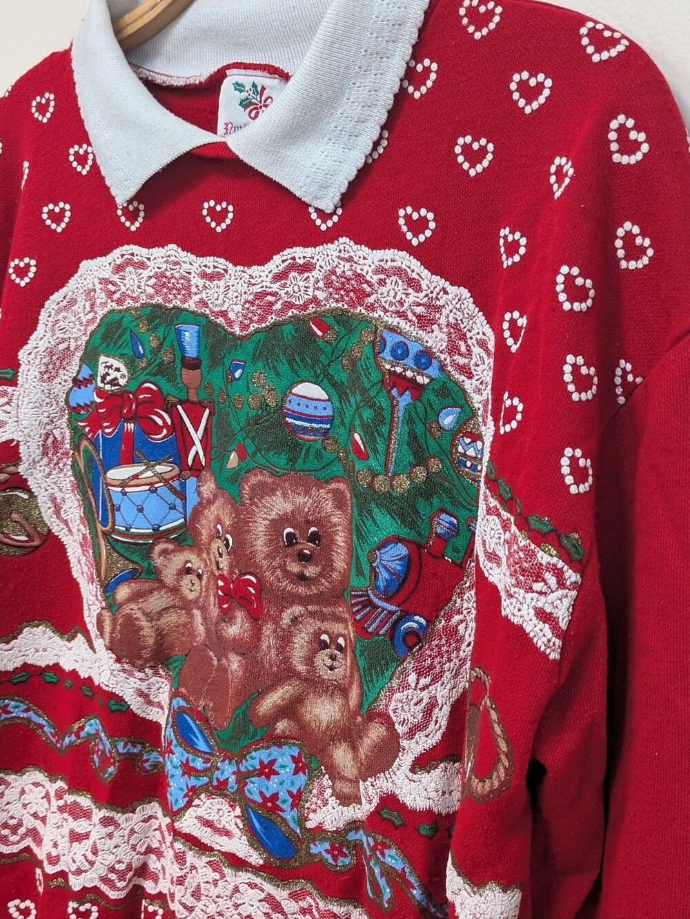 Vintage Nutcracker Red Christmas Teddy Bear Collared Grandma Sweatshirt Medium - Picture 6 of 7